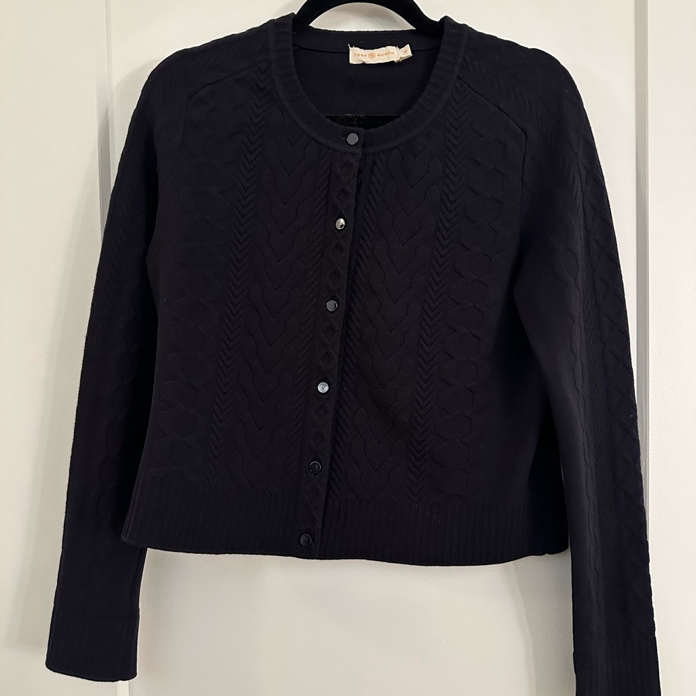 Tory Burch Cable Design Button Crew Neck Cardigan Navy Small